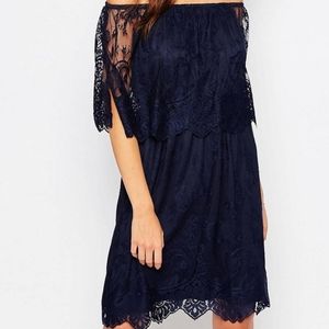 ASOS Vila Lace Bardot Double Layer Dress Navy Blue Off Shoulder Size Small